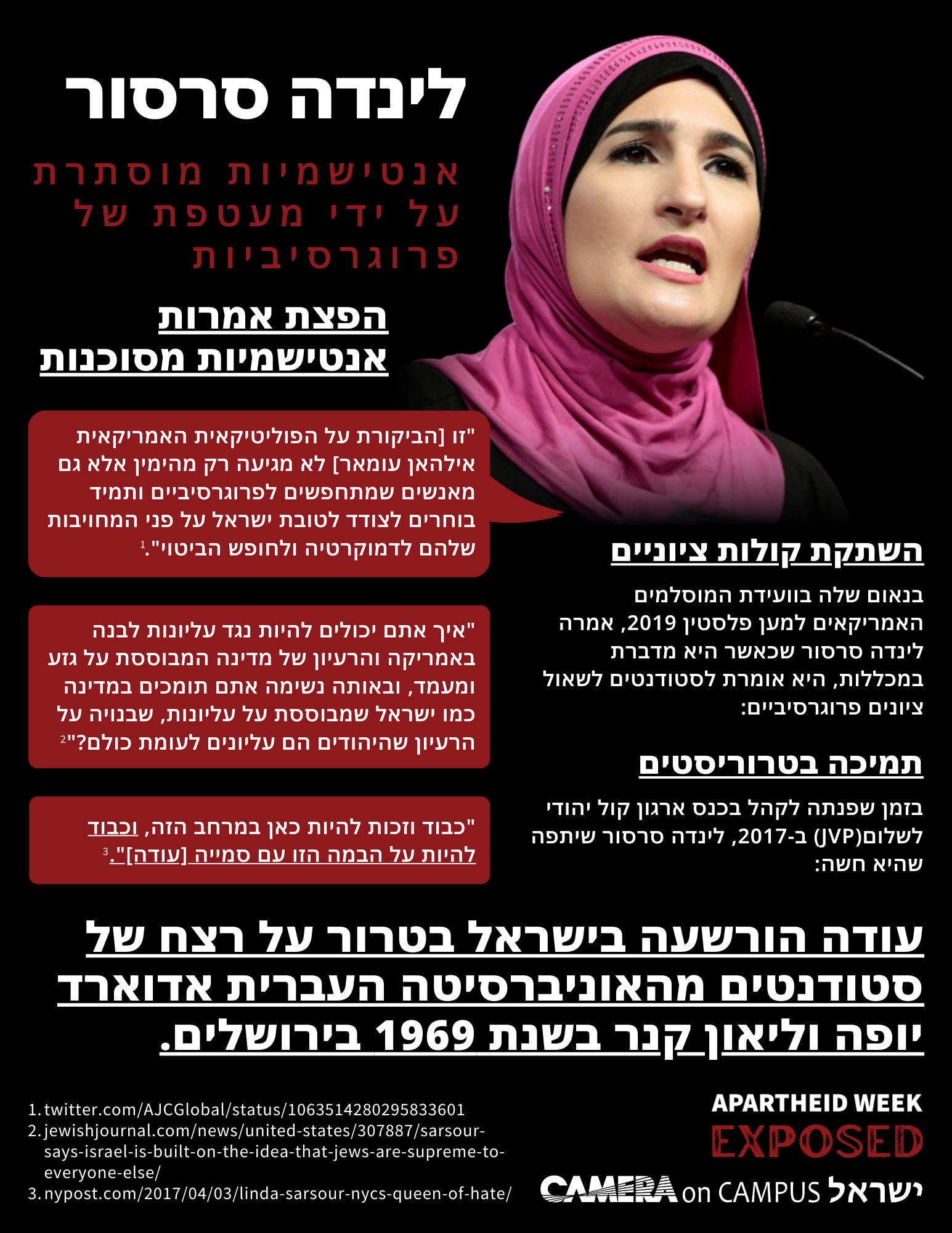 Hebrew version 2023 apartheid week exposed infographic linda sarsour